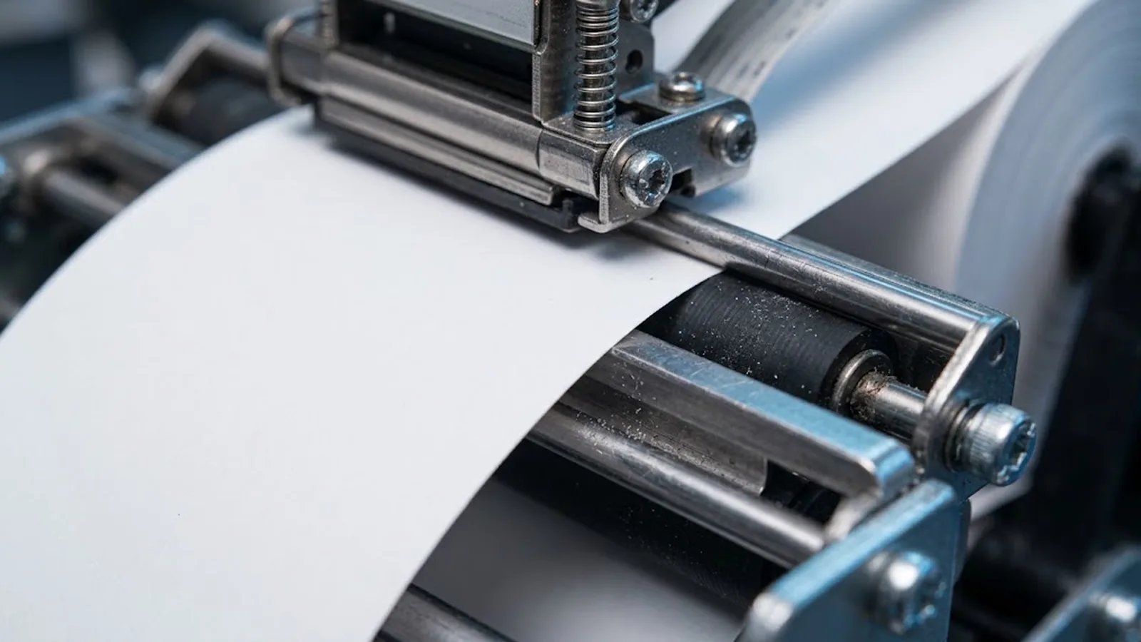 Close view of a thermal paper roll feeding through the transport path of a receipt printer