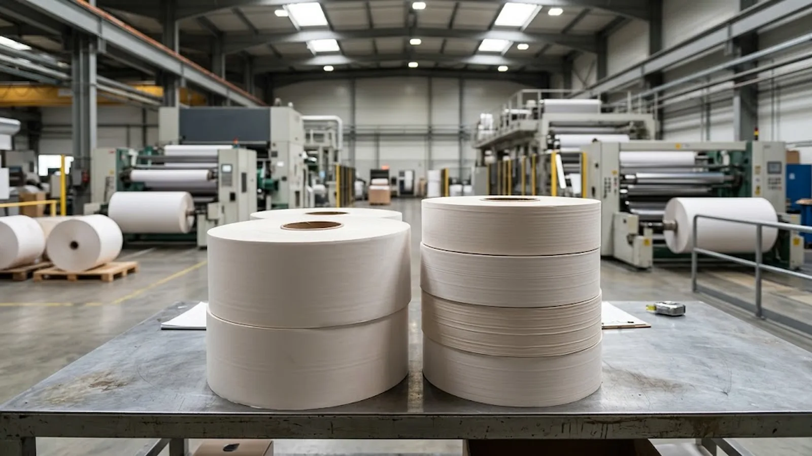 Two stacks of thermal paper rolls of different thickness side by side on a converting line table