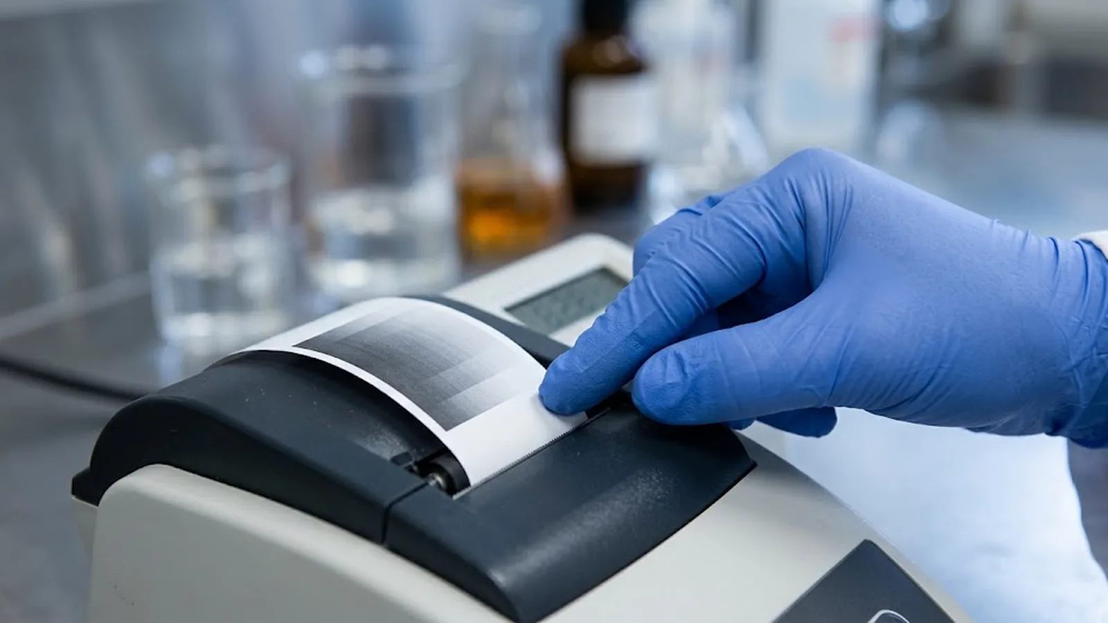 Laboratory technician running print density tests on phenol-free thermal paper samples
