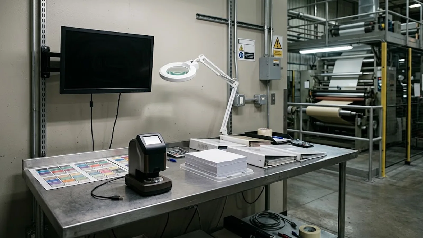 Quality inspector reviewing thermal paper compliance documents beside coated rolls in a factory laboratory