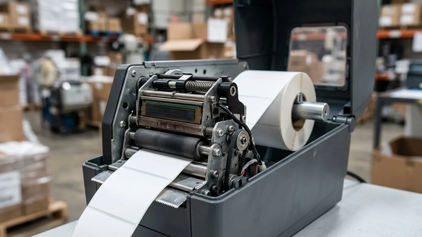 Thermal print head and label media path in a warehouse label printer