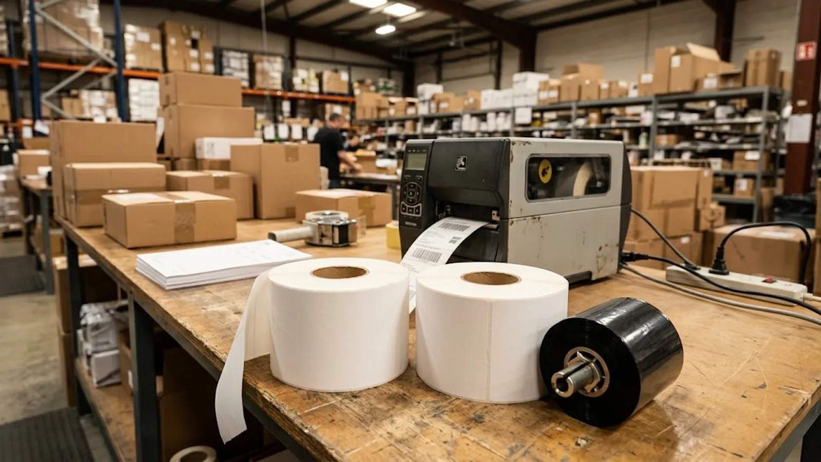 Direct thermal and thermal transfer label rolls side by side on a packing bench