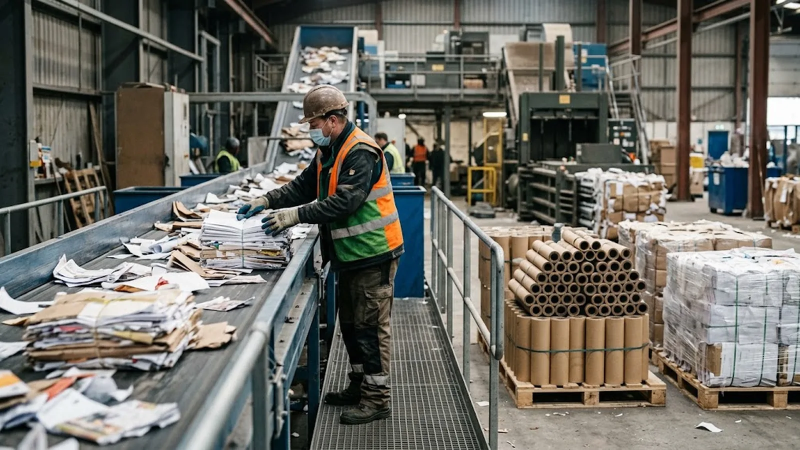 Worker sorting clean thermal paper rolls and baled paper waste at a paper recycling plant