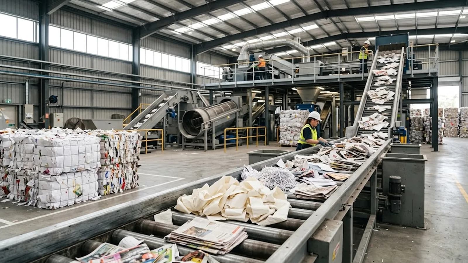 Stacks of thermal receipt paper rolls beside sorted paper waste in a recycling facility