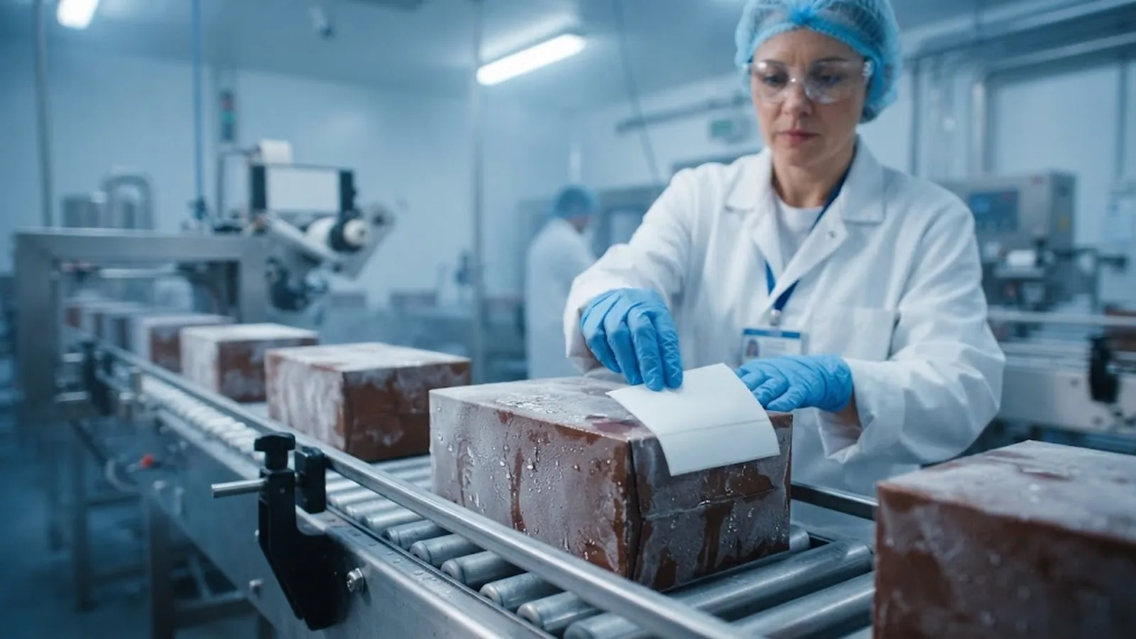 Direct thermal labels applied to frozen food cartons on a cold chain packing line