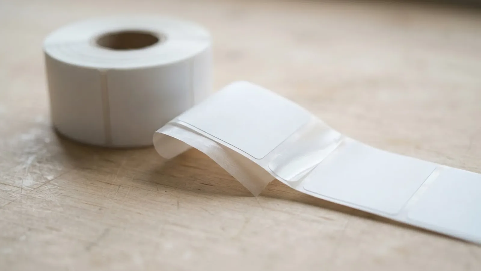 Rolls of self-adhesive direct thermal label stock with facestock, adhesive and liner layers visible at the edge