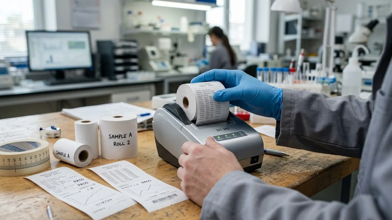 Quality technician printing test receipts from thermal paper sample rolls on a bench printer