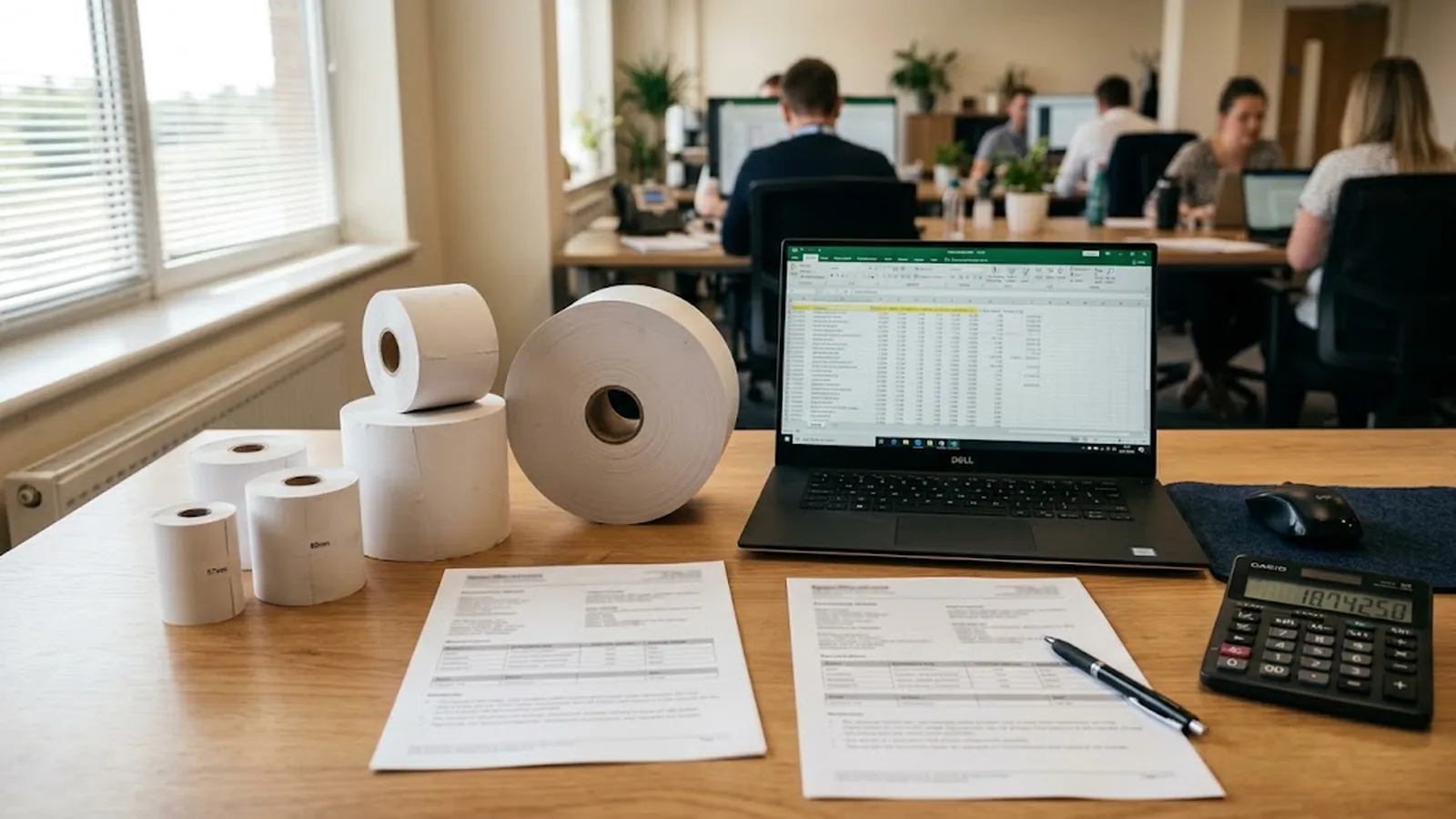 Procurement desk with thermal paper roll samples, specification sheets and a quotation comparison