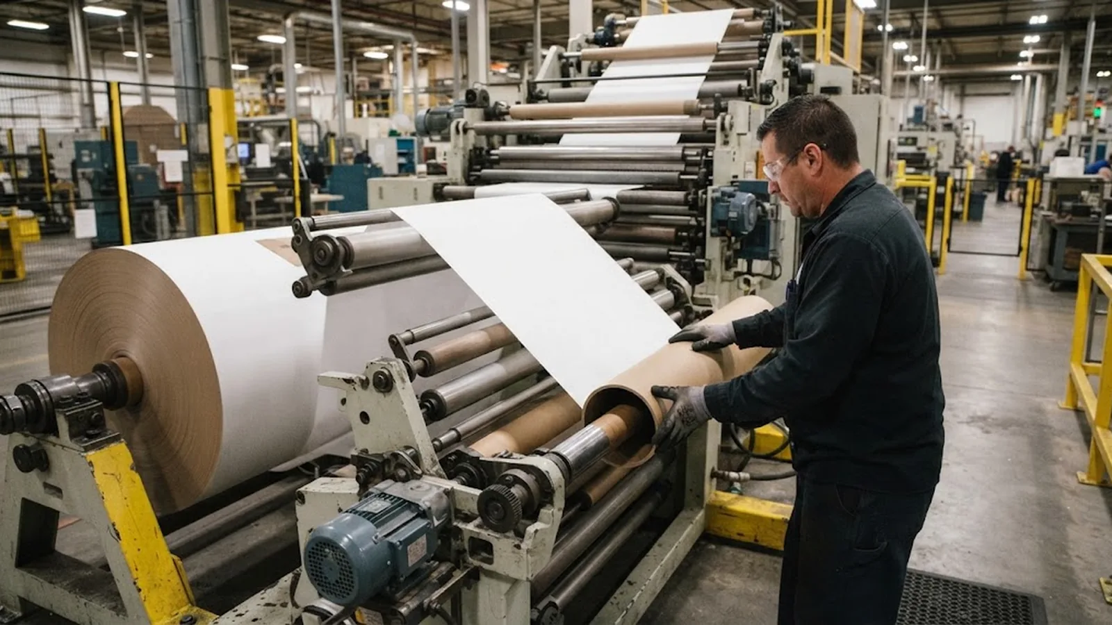 Converter rewinding slit thermal paper onto a new cardboard core on a rewinding machine
