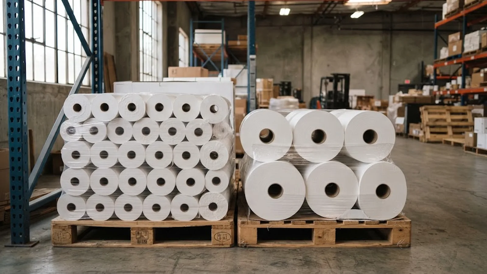 Thermal paper rolls with 1-inch and 3-inch cardboard cores side by side on a warehouse shelf