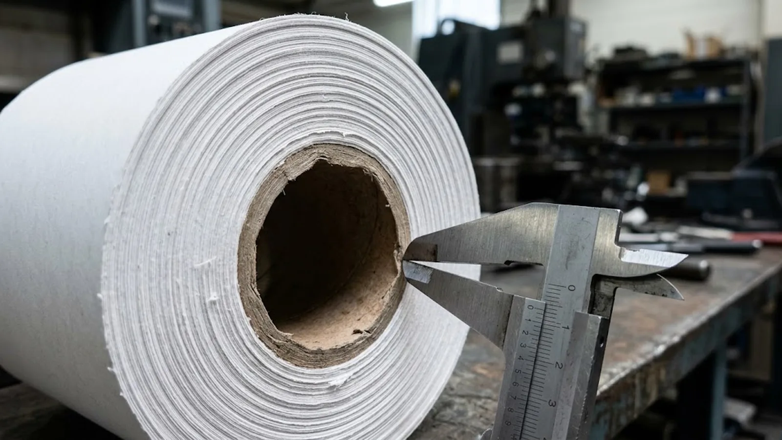 Close view of a thermal paper roll showing width, outside diameter and core