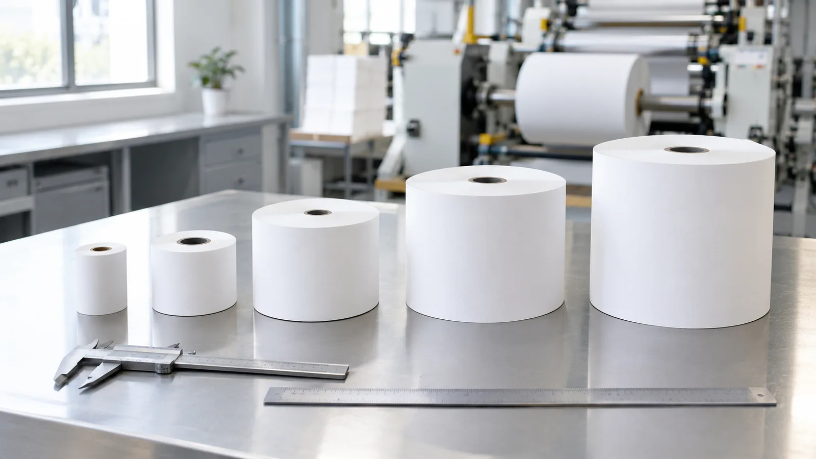 Thermal paper rolls of different widths measured on a workbench