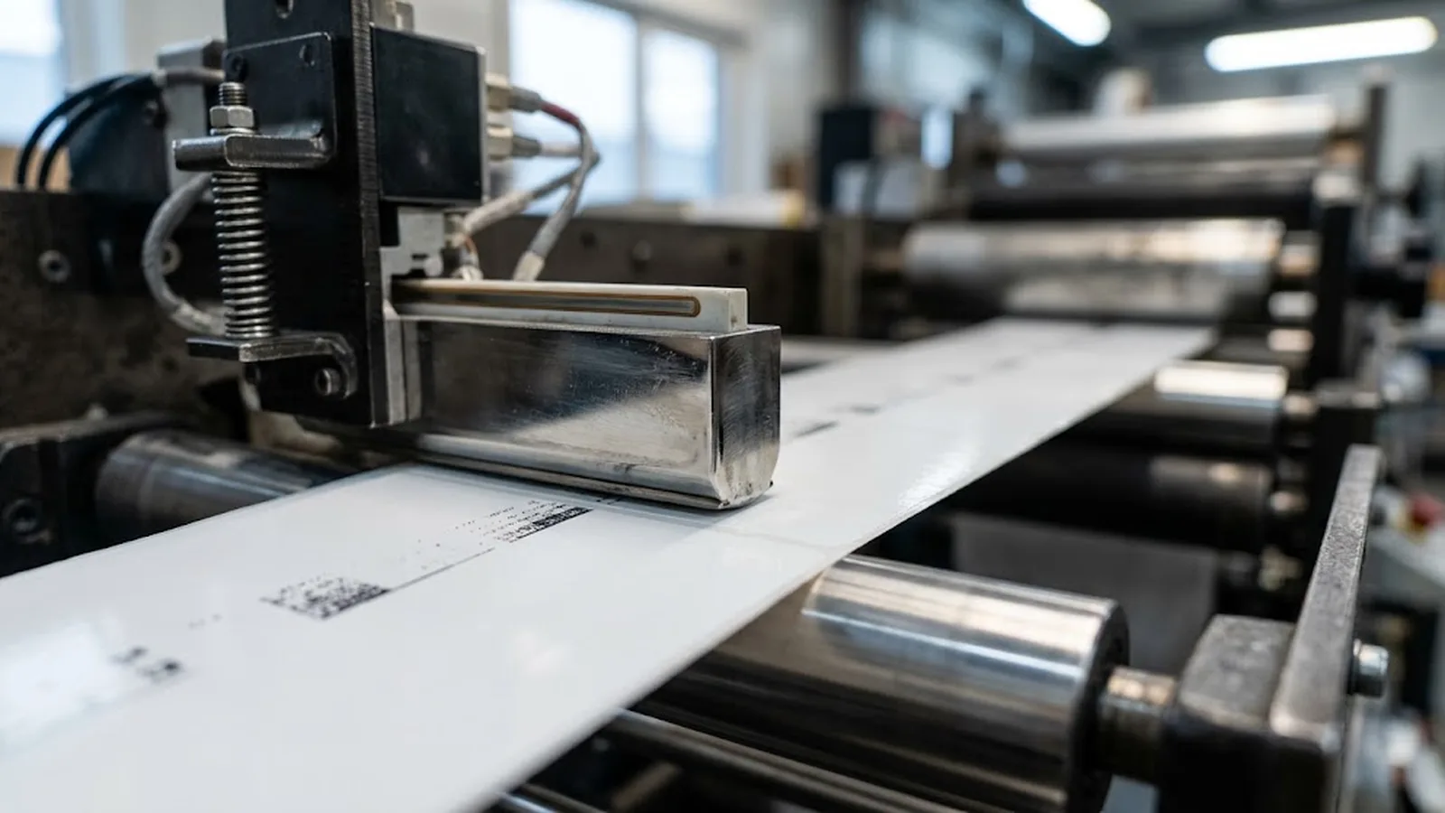 Close-up of a thermal print head imaging a top coated label roll on a converting line