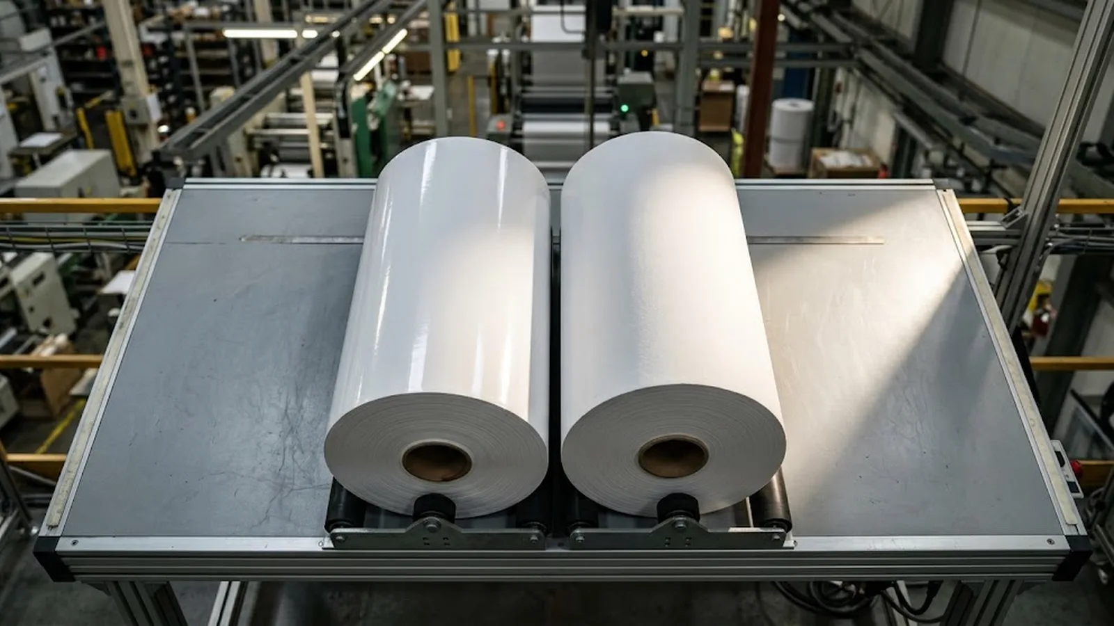 Two thermal paper rolls, one glossy top coated and one matte, compared on a converter's inspection table
