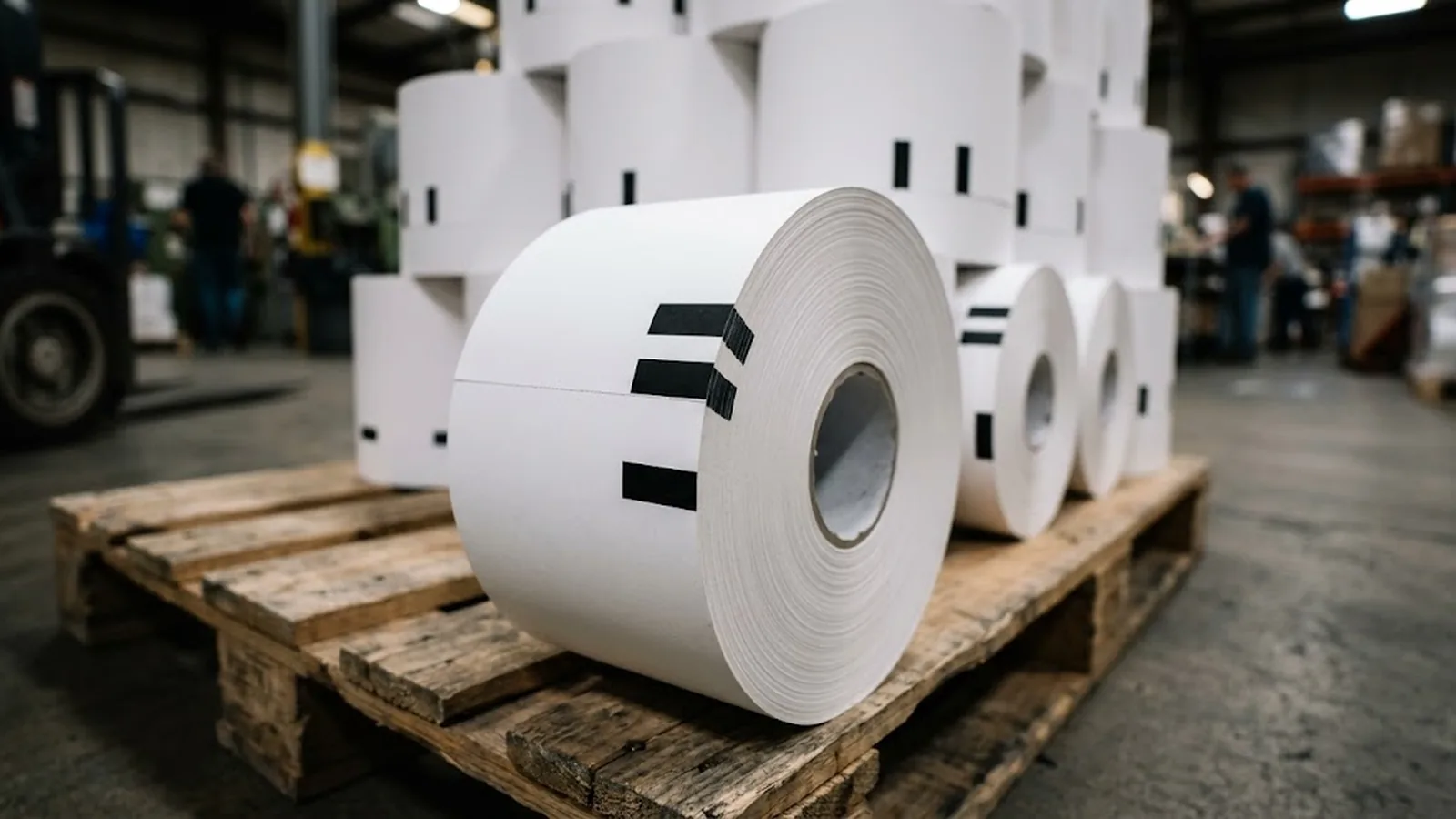 Close-up of slit thermal paper rolls showing precisely placed black sense marks along the paper edge