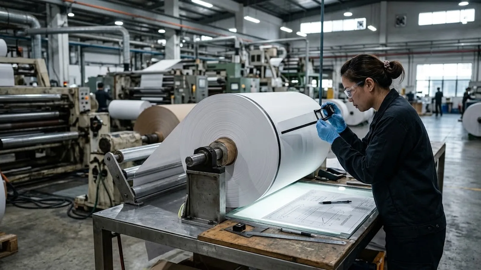Roll of black mark thermal paper showing a black registration stripe along the edge, on a converter's inspection bench