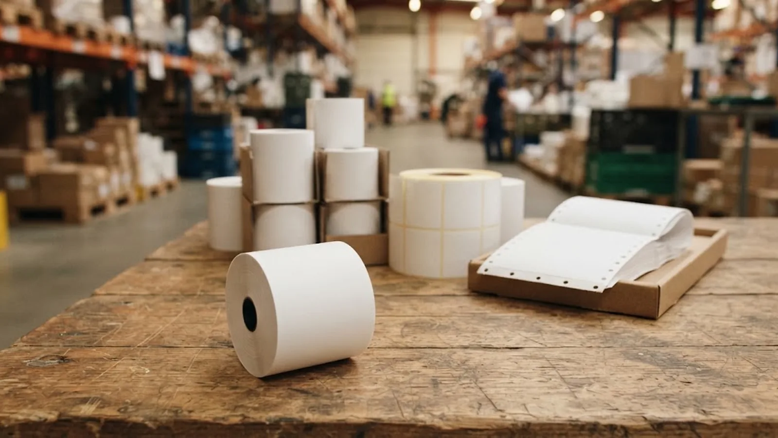 Assorted thermal paper products arranged on a warehouse table: receipt rolls, label stock and ticket sheets