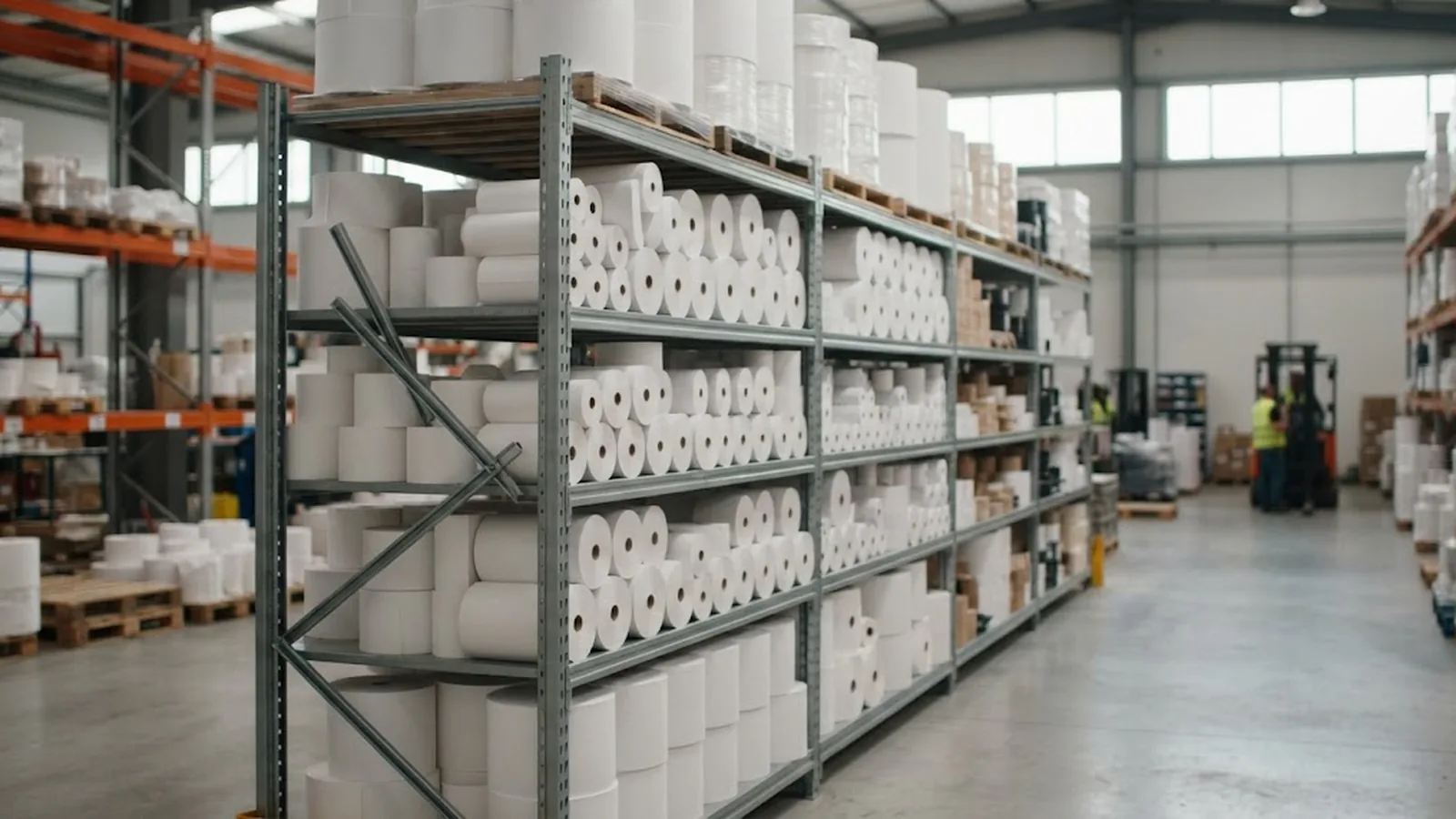 Rolls of white thermal paper stacked on a clean production shelf under bright factory lighting