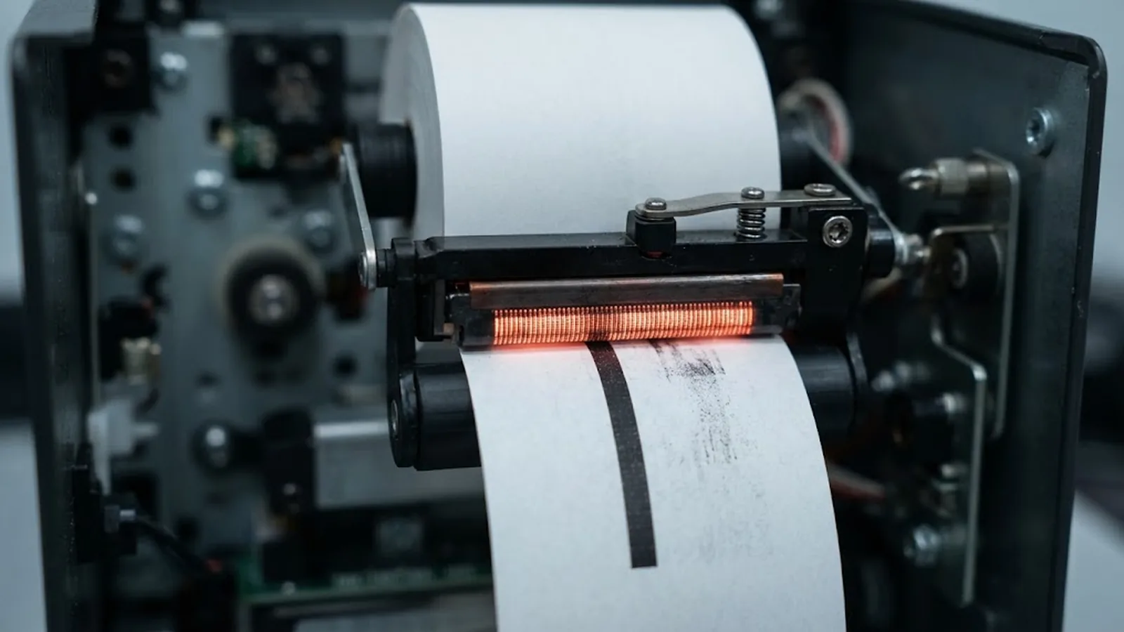 Close-up of a thermal print head imaging a white thermal paper roll inside a receipt machine