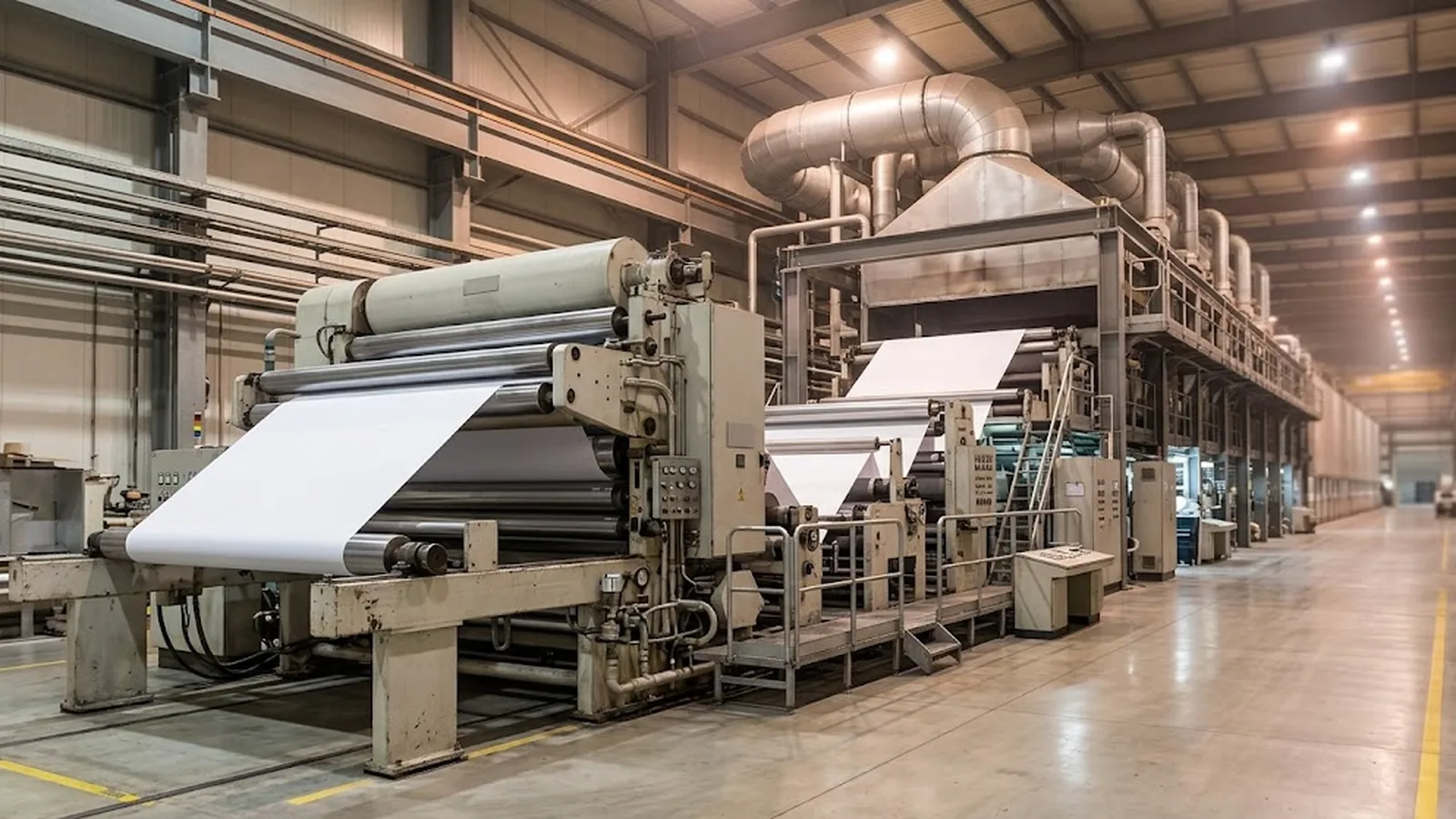 Wide thermal coating line running base paper through a coater inside a paper mill