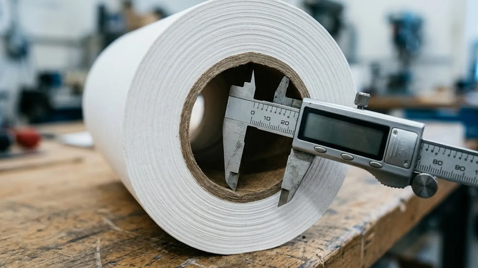 Digital caliper measuring the inner diameter of a thermal paper roll core