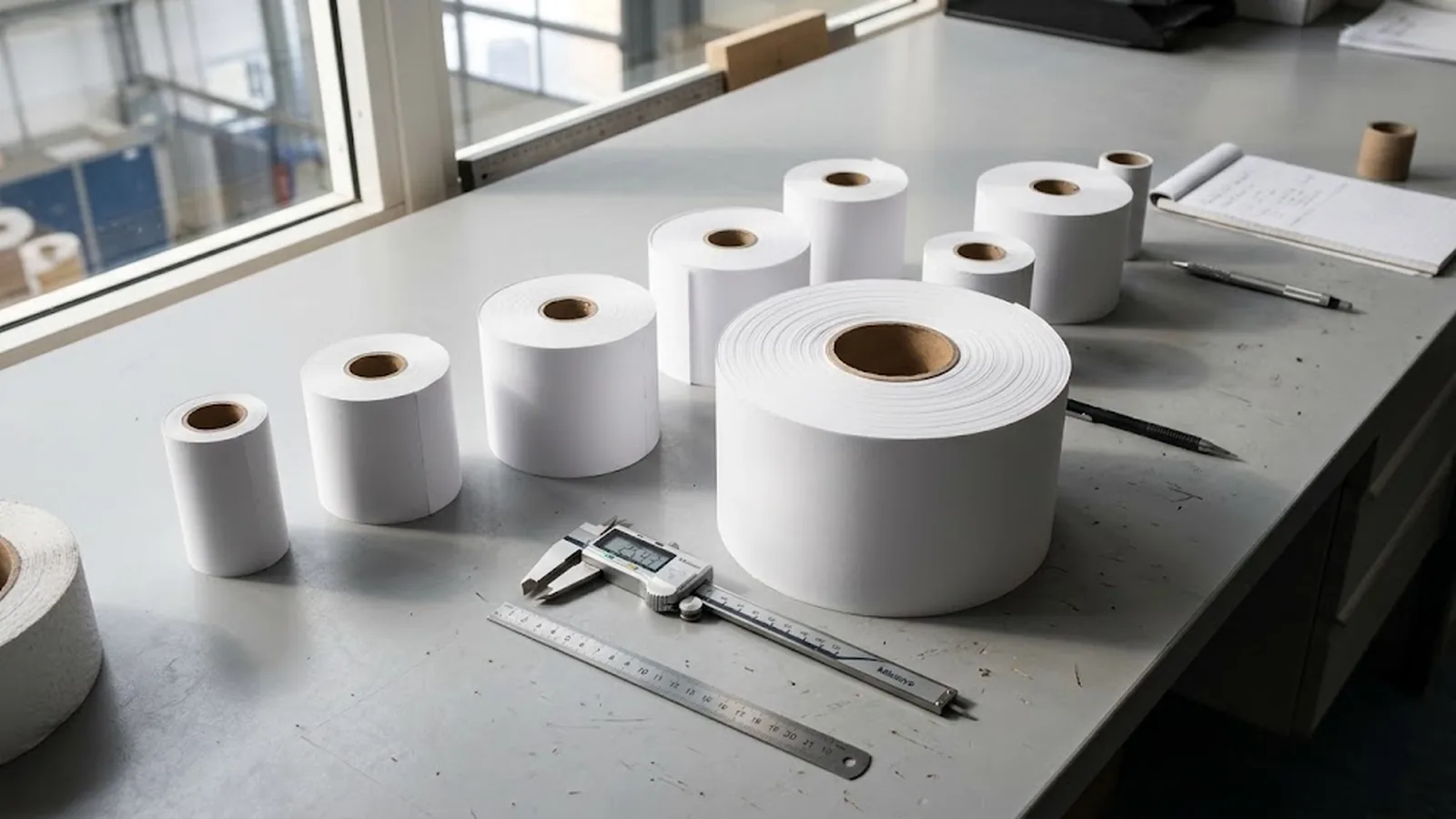 Caliper and ruler measuring the width and diameter of a thermal paper roll on a workbench