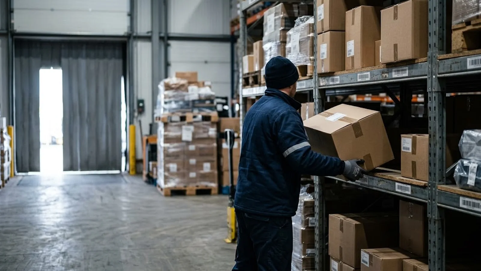 Warehouse worker placing wrapped thermal paper roll cartons on shelving away from a loading dock