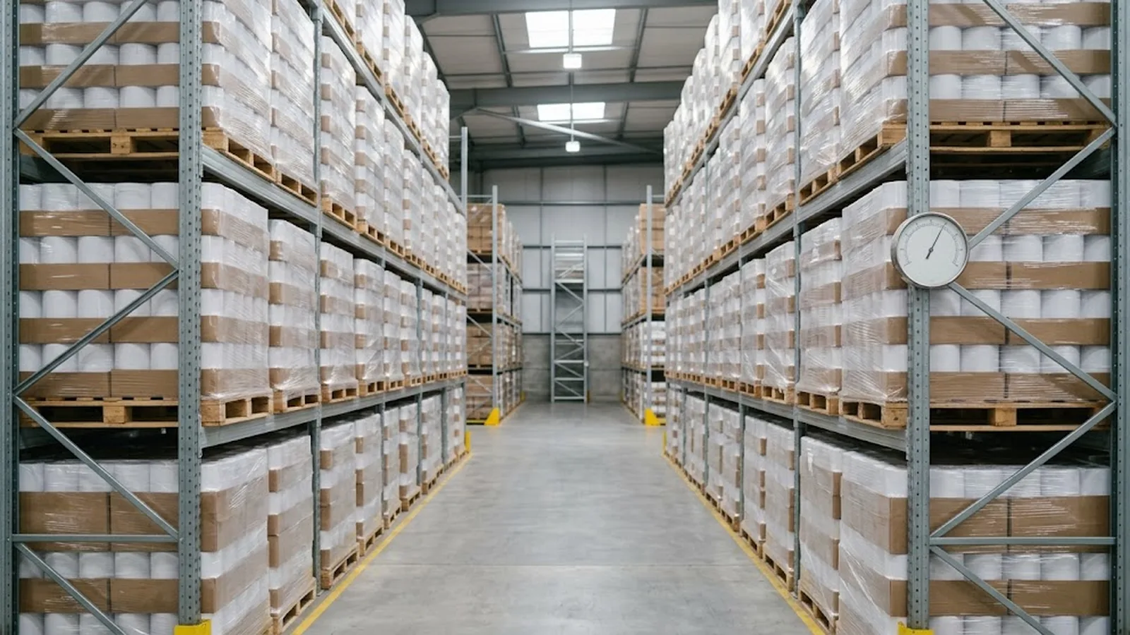 Palletized thermal paper rolls wrapped and stored in a clean, dry export warehouse