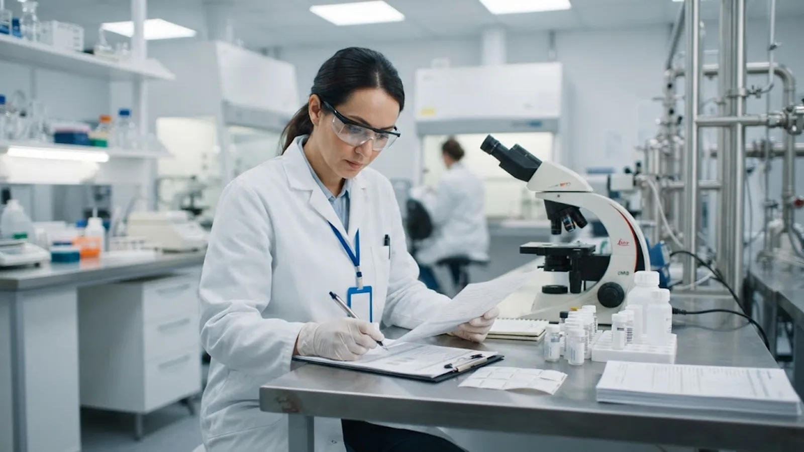 Quality technician reviewing food contact compliance documents and label samples in a laboratory