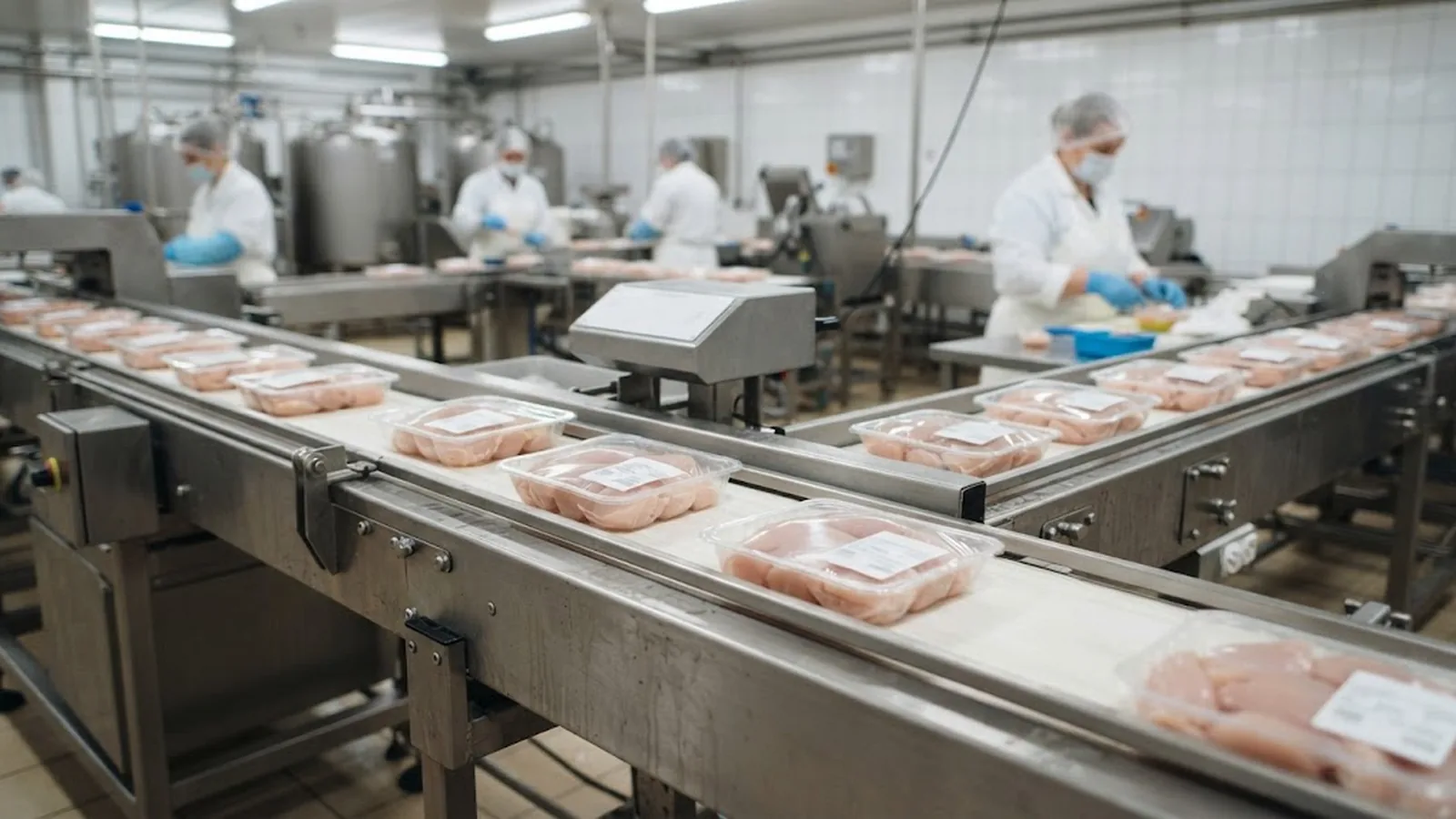 Direct thermal weighing labels on packed food trays in a food processing facility