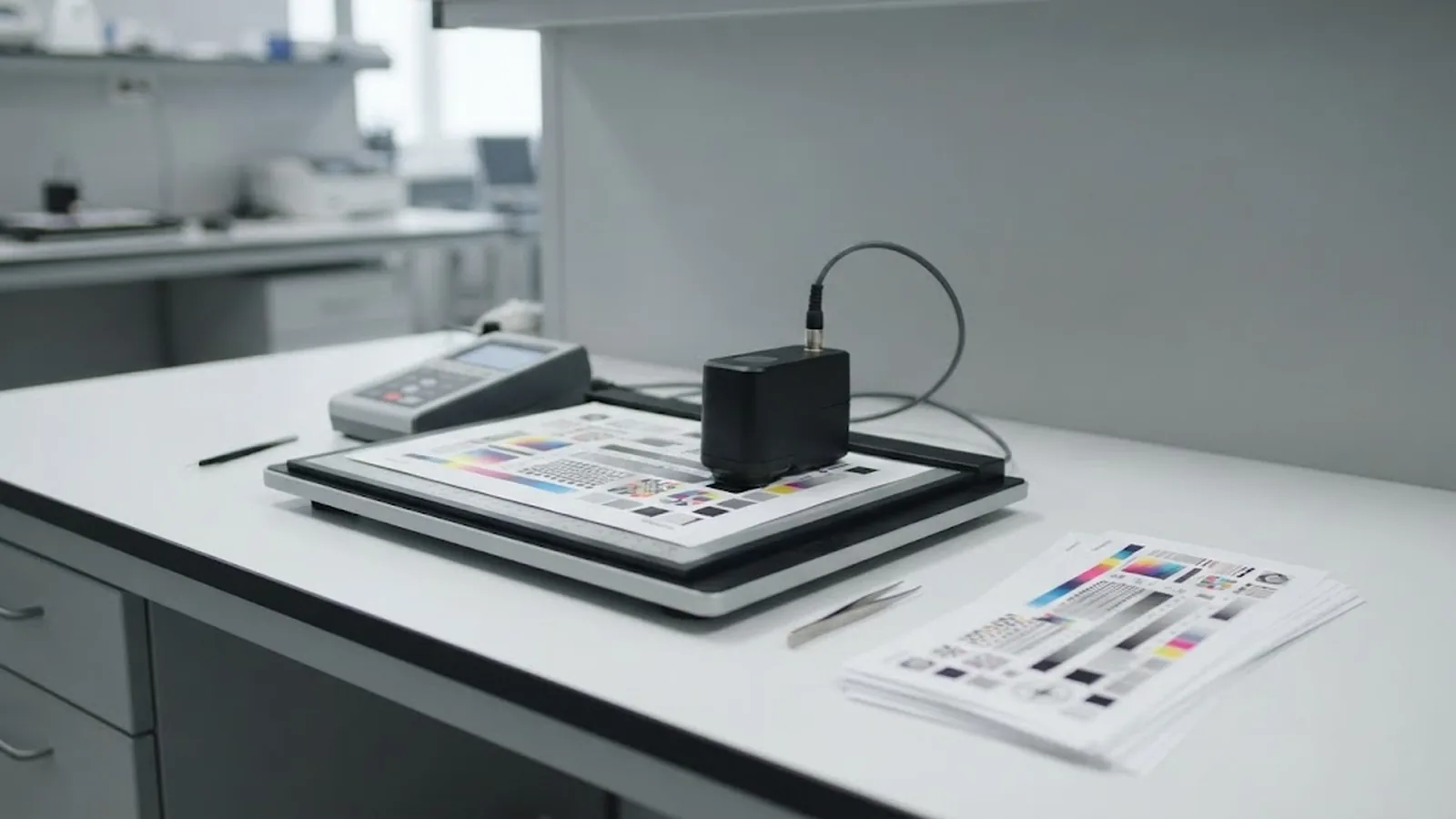 Laboratory print-density testing of thermal paper samples beside a measurement instrument