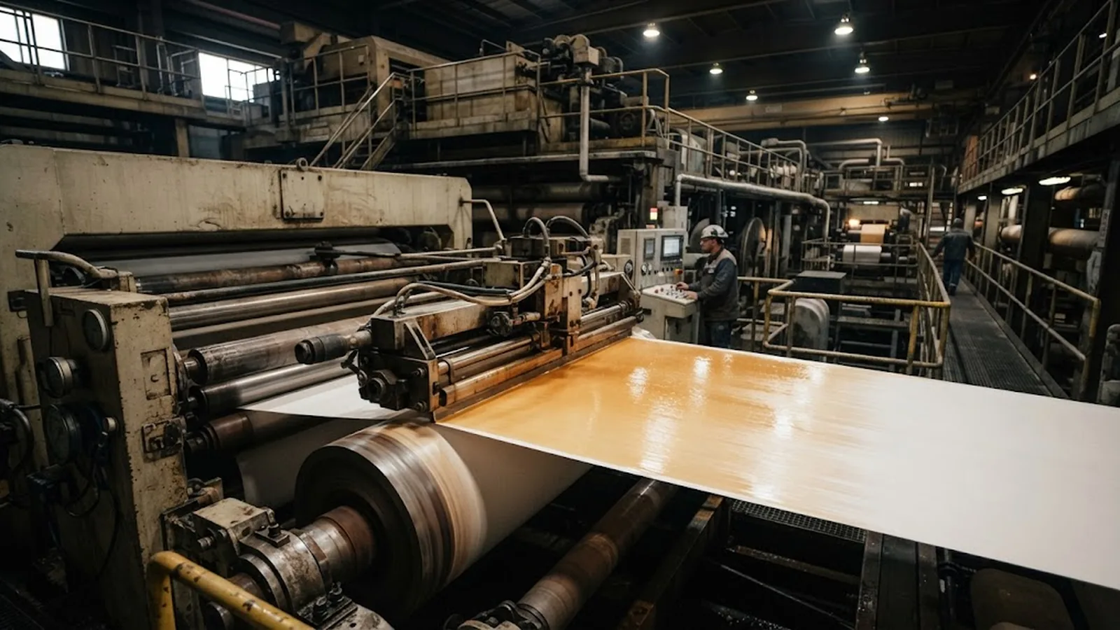 Coating head applying a thin even layer onto white paper on an industrial coating machine