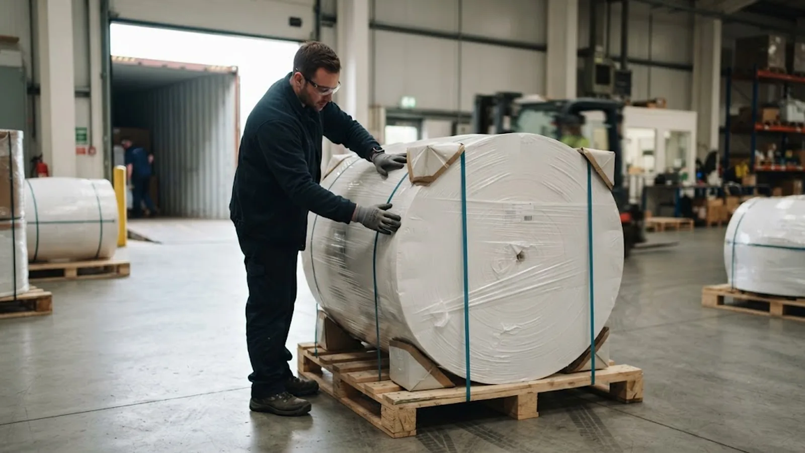Warehouse worker inspecting wrapped pallets of thermal paper rolls unloaded from an export container