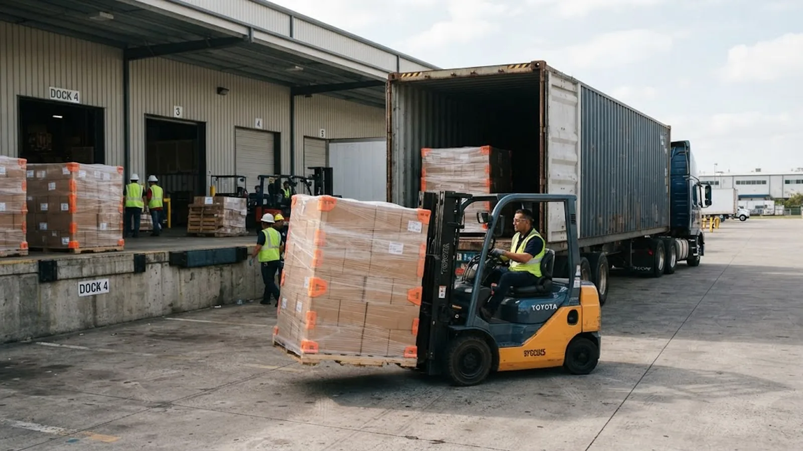 Wrapped thermal paper roll pallets being loaded into an export shipping container with corner protection