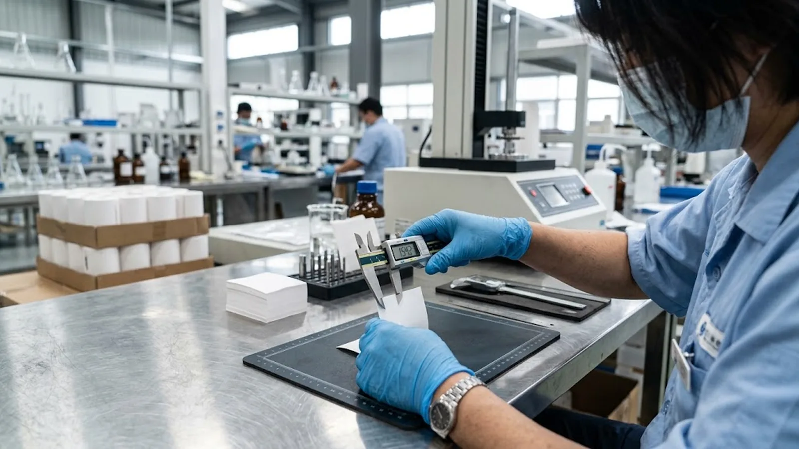Technician checking thermal paper caliper and basis weight in a quality laboratory