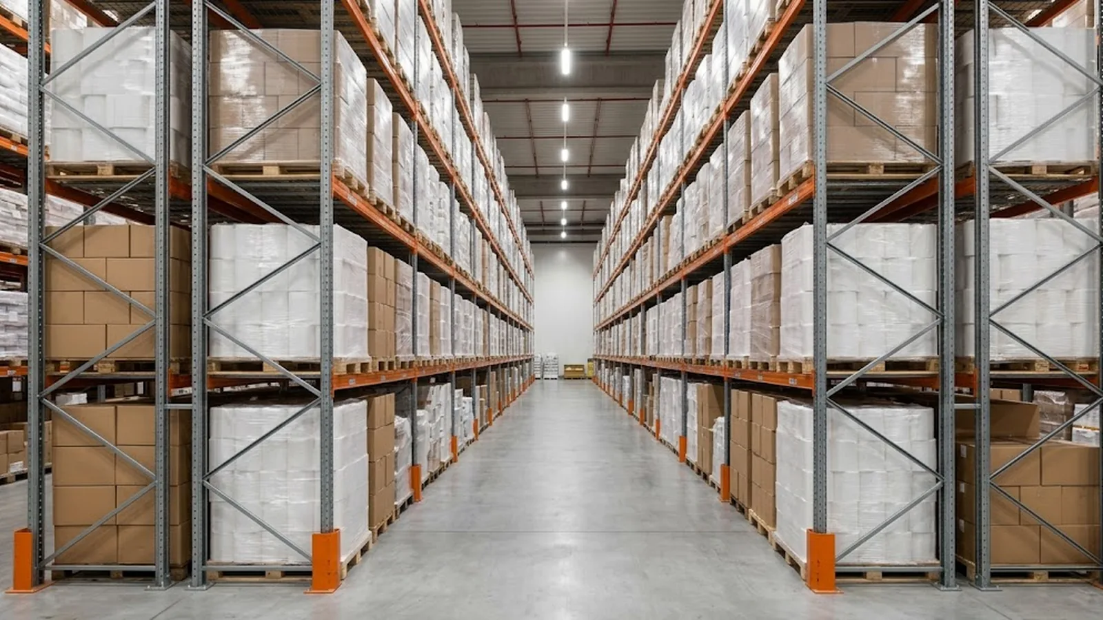 Wrapped thermal paper rolls stored on shaded warehouse shelving away from sunlight