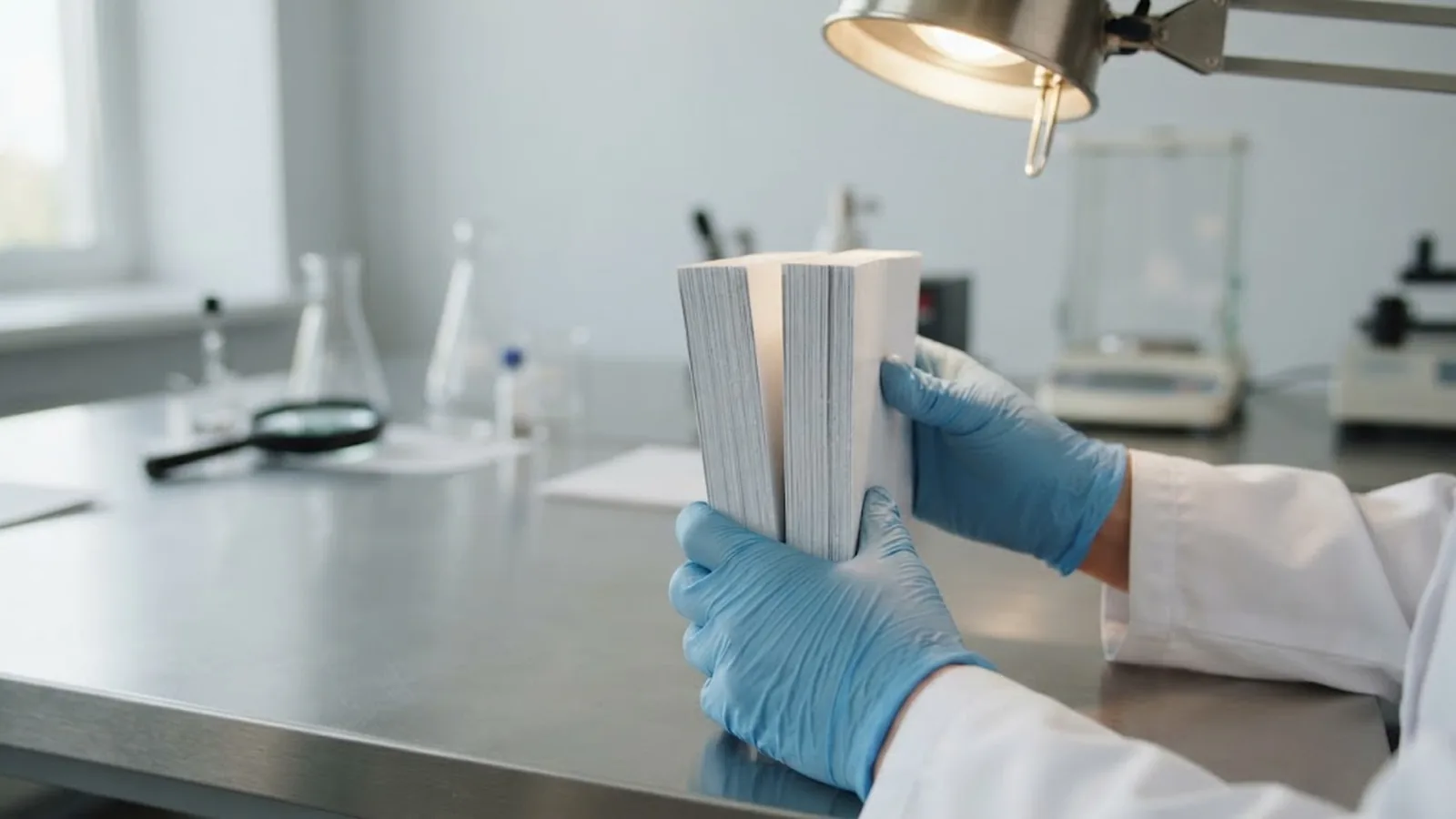Cross-section style comparison of layered paper samples held on a laboratory bench under inspection light