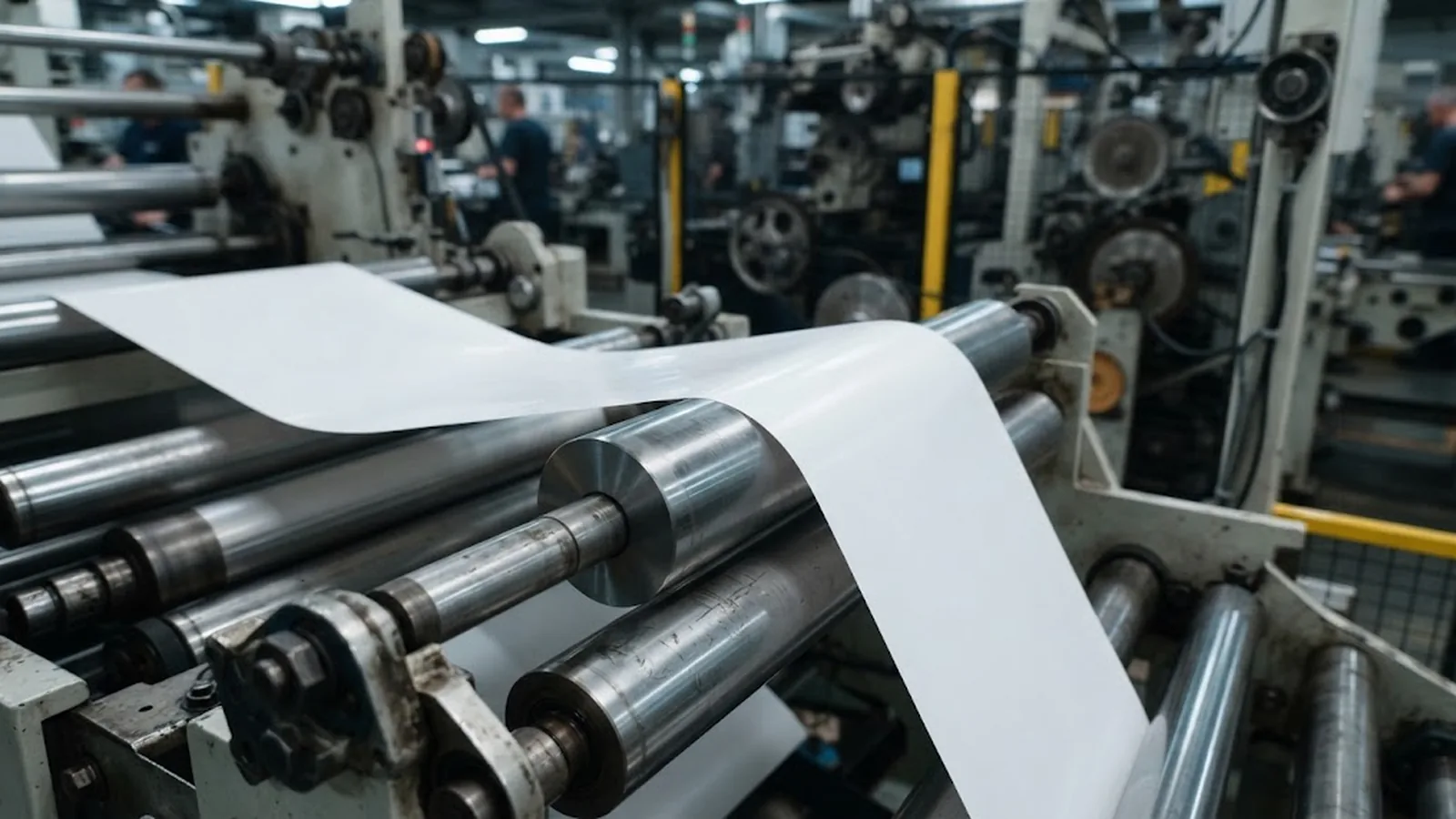 Close-up of white thermal paper rolls on a converting line showing smooth coating surfaces